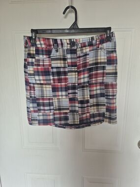 LOFT Plaid Patchwork Mini Skirt - Red, Navy & Cream
